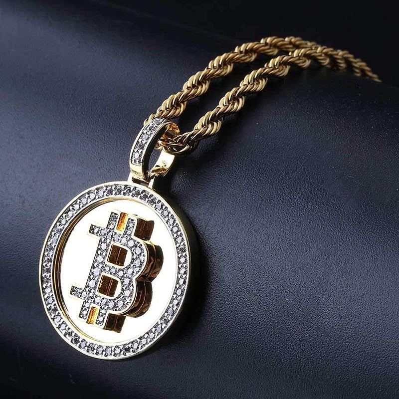 JAJAFOOK Jewelry Fully Iced Out CZ Simulated 14K Gold Plated Bitcoin Cryptocurrency Pendants Necklaces for Men with 24inch Stainless Steel Rope Chain - Image 3